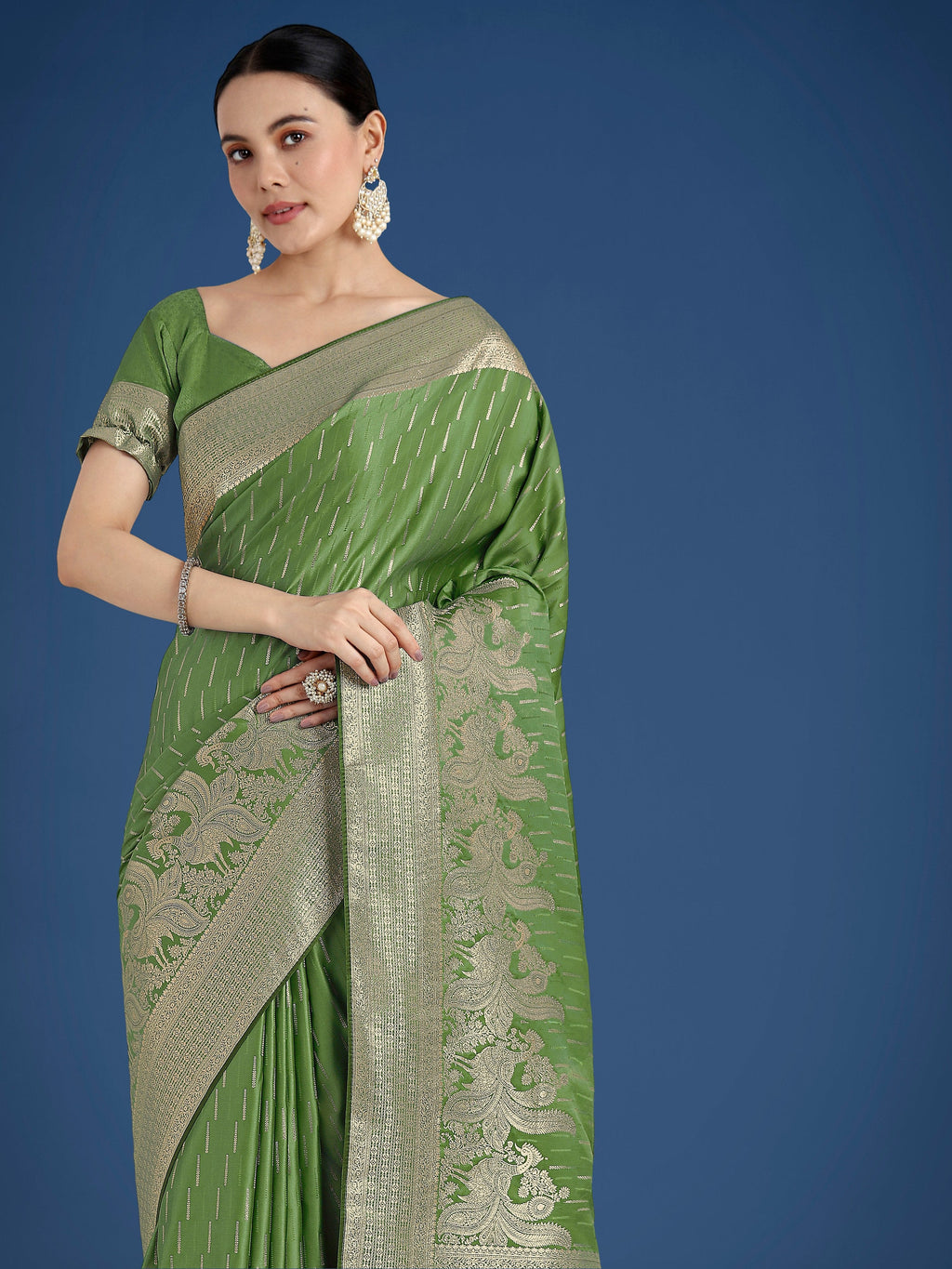 Monjolika Fashion Dusty Green Weaving Banarasi Satin Silk Trendy Saree For Festival