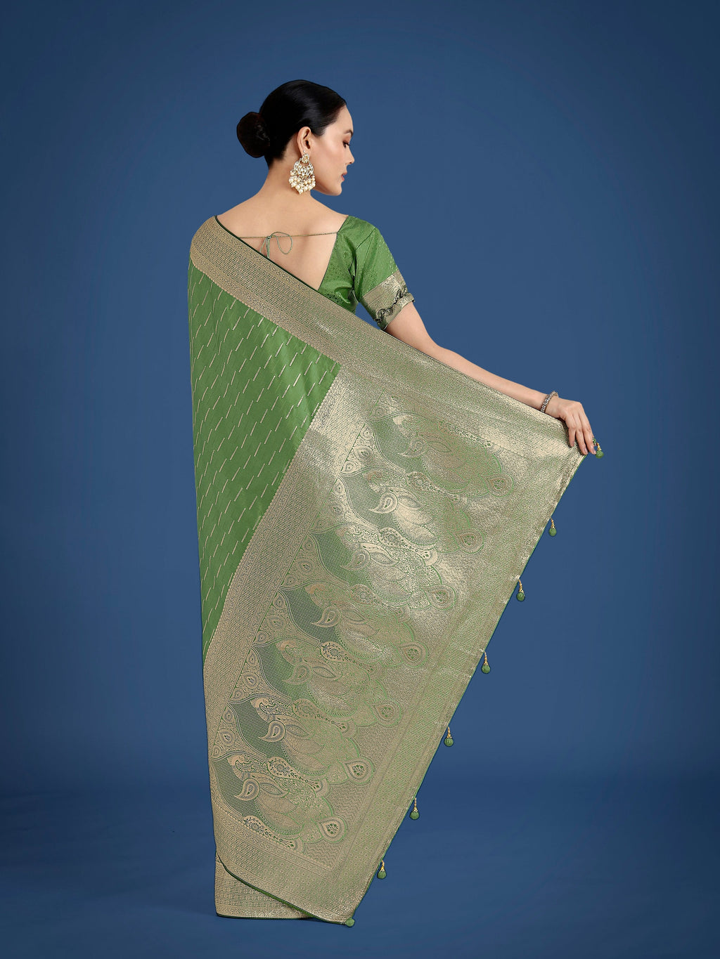 Monjolika Fashion Dusty Green Weaving Banarasi Satin Silk Trendy Saree For Festival