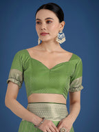 Monjolika Fashion Dusty Green Weaving Banarasi Satin Silk Trendy Saree For Festival