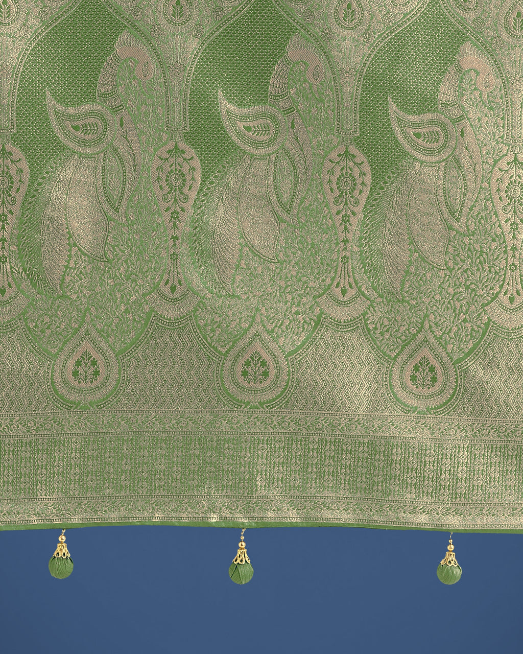 Monjolika Fashion Dusty Green Weaving Banarasi Satin Silk Trendy Saree For Festival