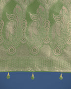 Monjolika Fashion Dusty Green Weaving Banarasi Satin Silk Trendy Saree For Festival