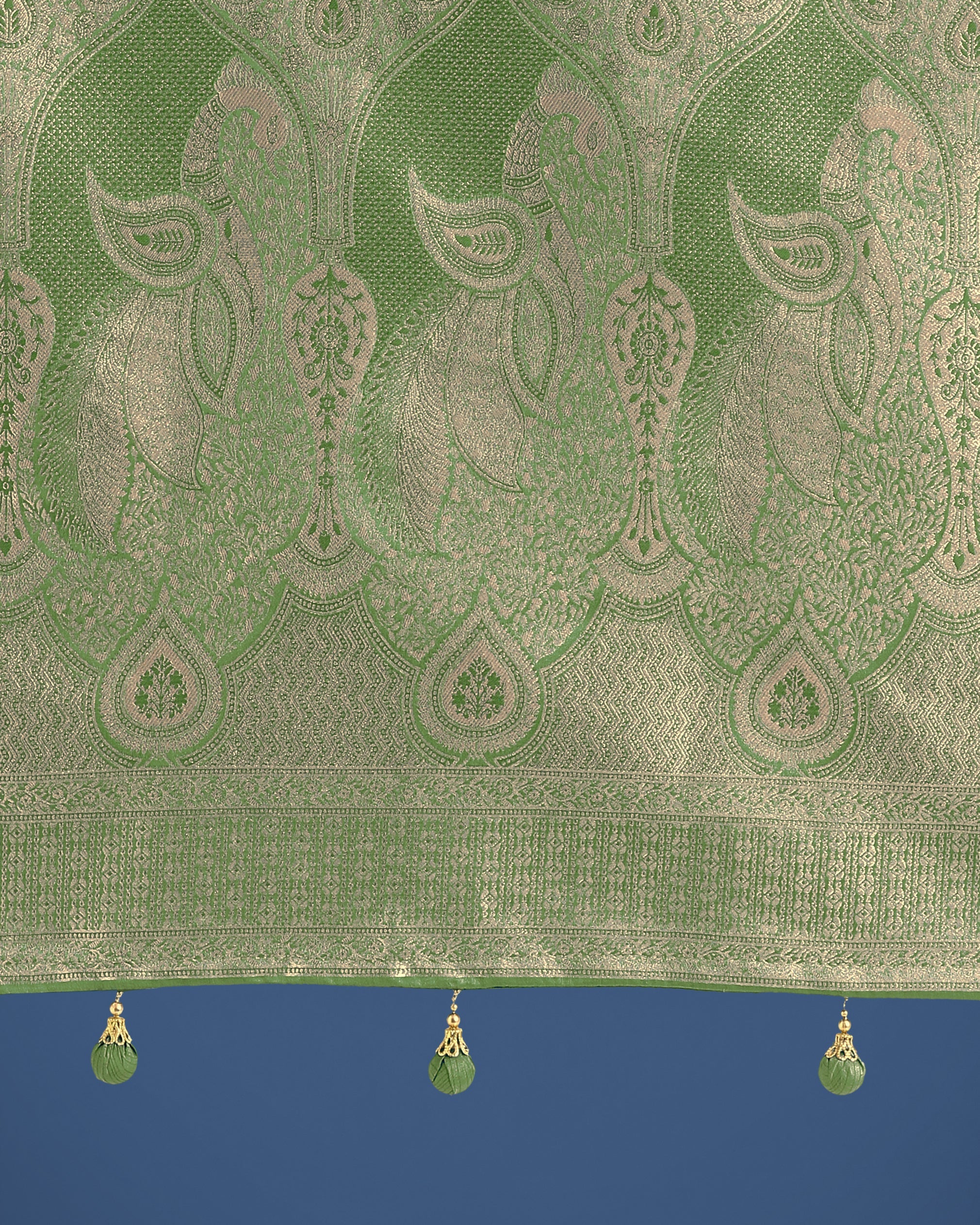 Monjolika Fashion Dusty Green Weaving Banarasi Satin Silk Trendy Saree For Festival
