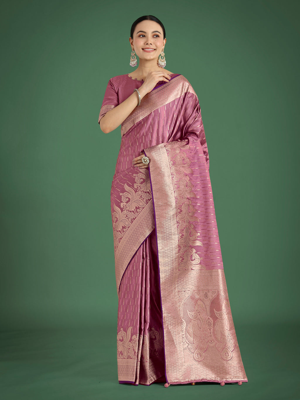 Monjolika Fashion Dusty Rose Pink Weaving Banarasi Satin Silk Trendy Saree For Festival - Distacart