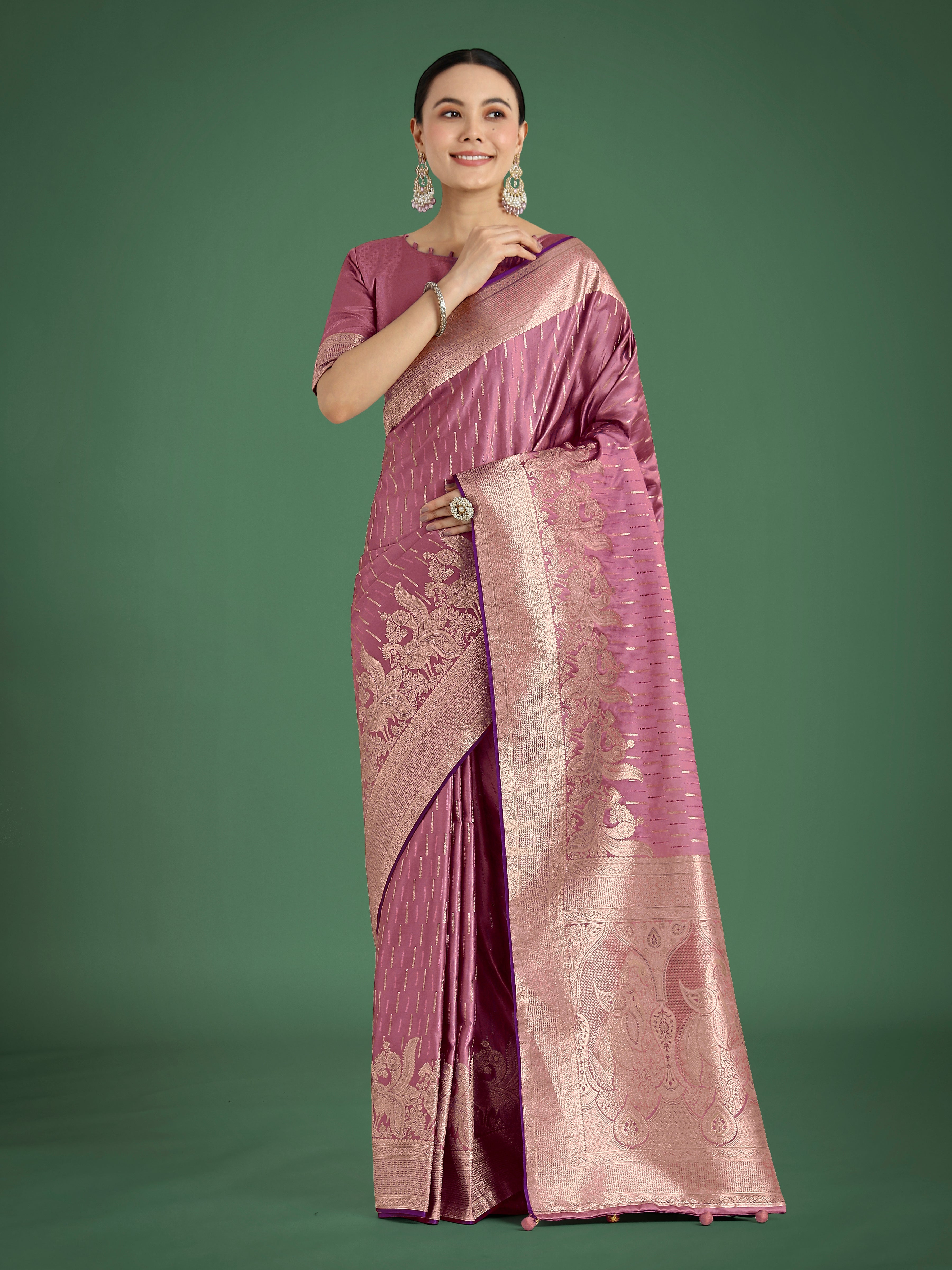 Monjolika Fashion Dusty Rose Pink Weaving Banarasi Satin Silk Trendy Saree For Festival - Distacart