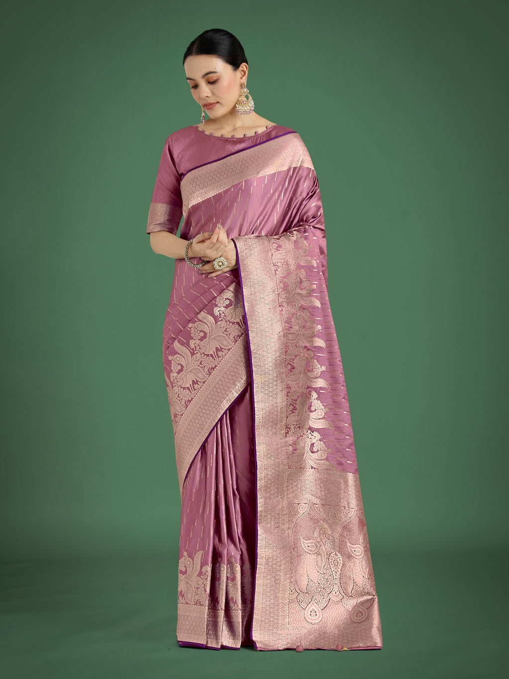 Monjolika Fashion Dusty Rose Pink Weaving Banarasi Satin Silk Trendy Saree For Festival - Distacart