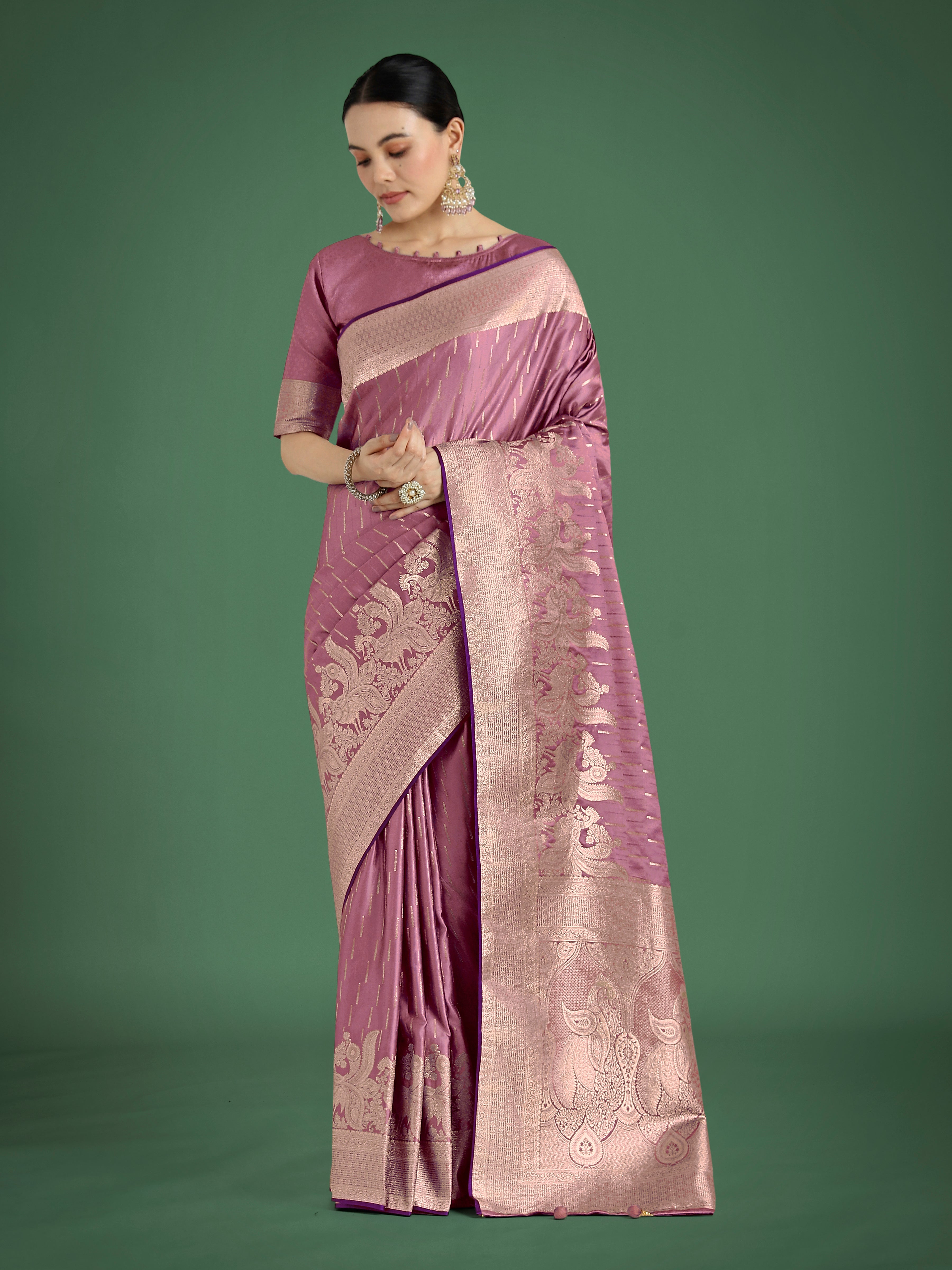 Monjolika Fashion Dusty Rose Pink Weaving Banarasi Satin Silk Trendy Saree For Festival - Distacart