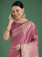 Monjolika Fashion Dusty Rose Pink Weaving Banarasi Satin Silk Trendy Saree For Festival - Distacart