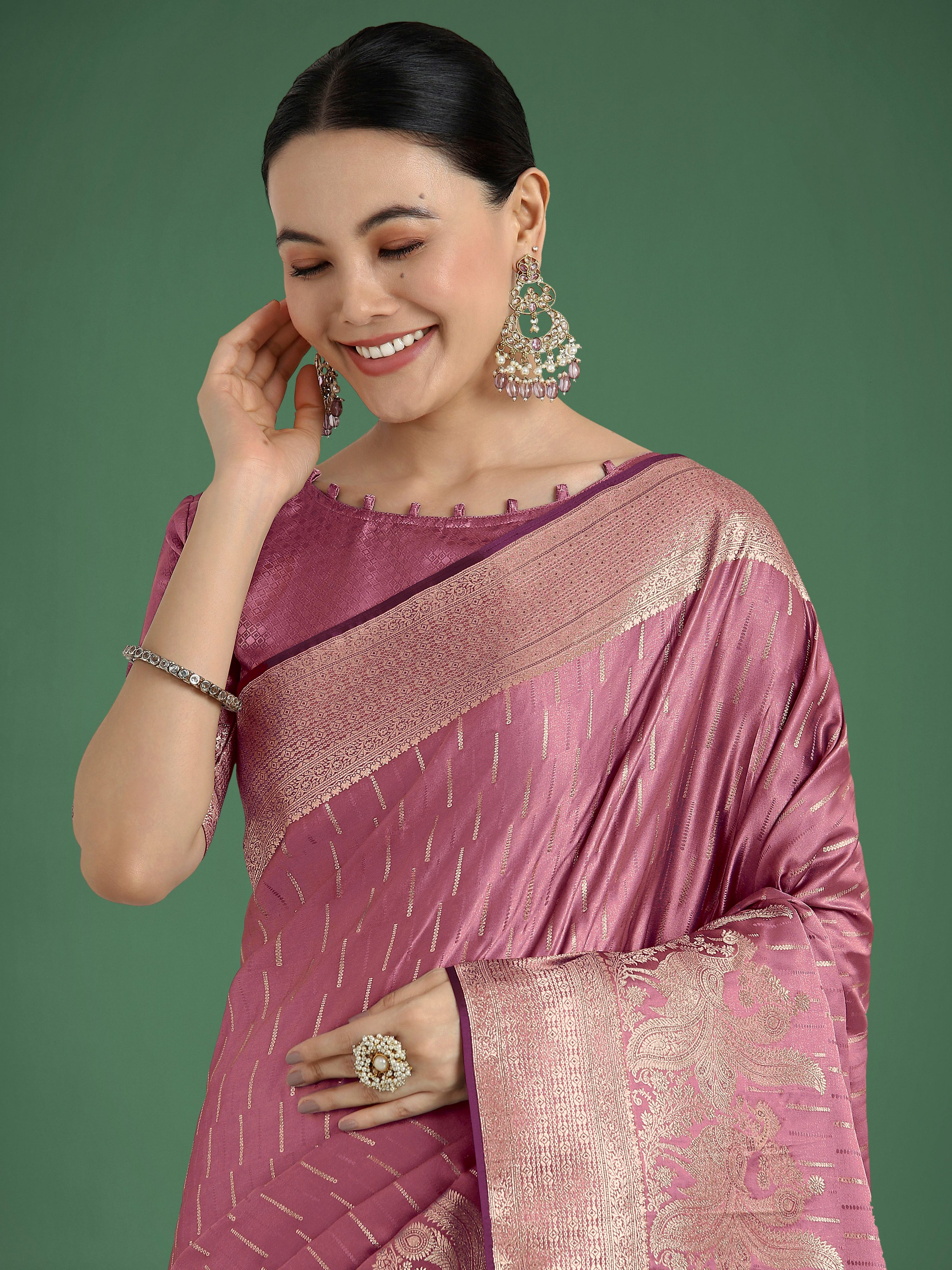 Monjolika Fashion Dusty Rose Pink Weaving Banarasi Satin Silk Trendy Saree For Festival - Distacart
