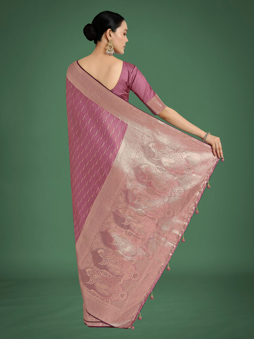 Monjolika Fashion Dusty Rose Pink Weaving Banarasi Satin Silk Trendy Saree For Festival - Distacart