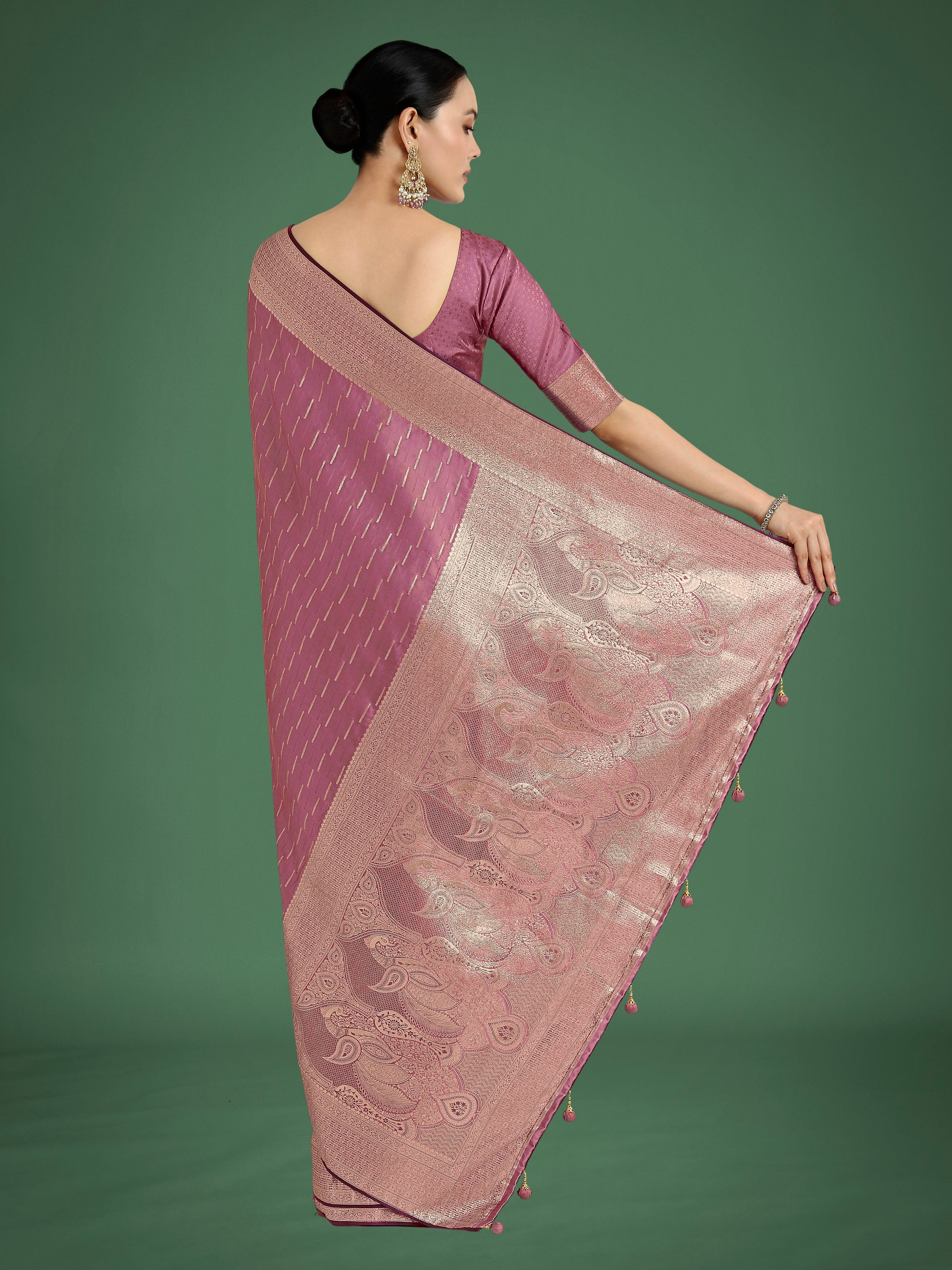 Monjolika Fashion Dusty Rose Pink Weaving Banarasi Satin Silk Trendy Saree For Festival - Distacart