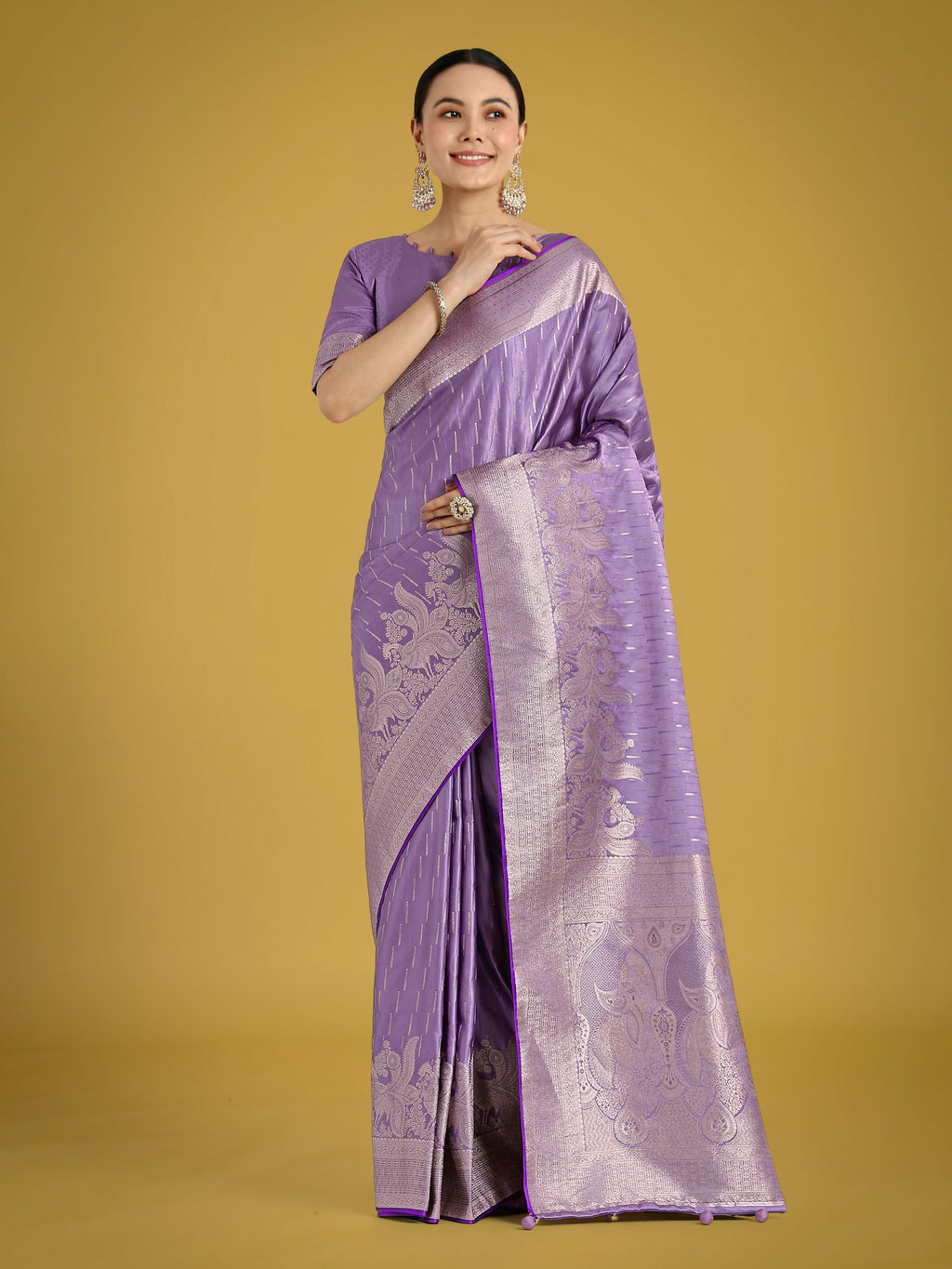Monjolika Fashion Dusty Lavender Weaving Banarasi Satin Silk Trendy Saree For Festival - Distacart