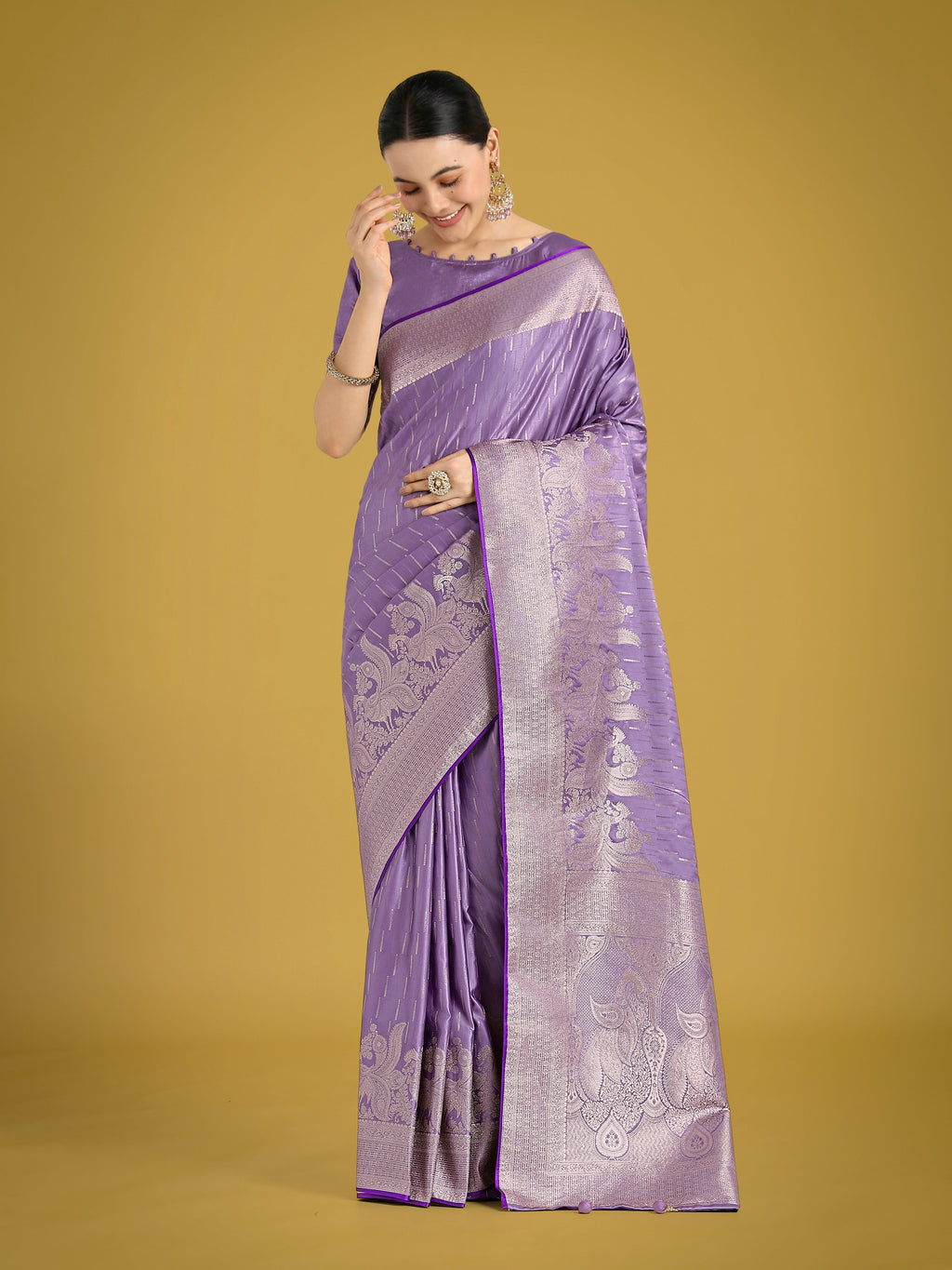 Monjolika Fashion Dusty Lavender Weaving Banarasi Satin Silk Trendy Saree For Festival - Distacart