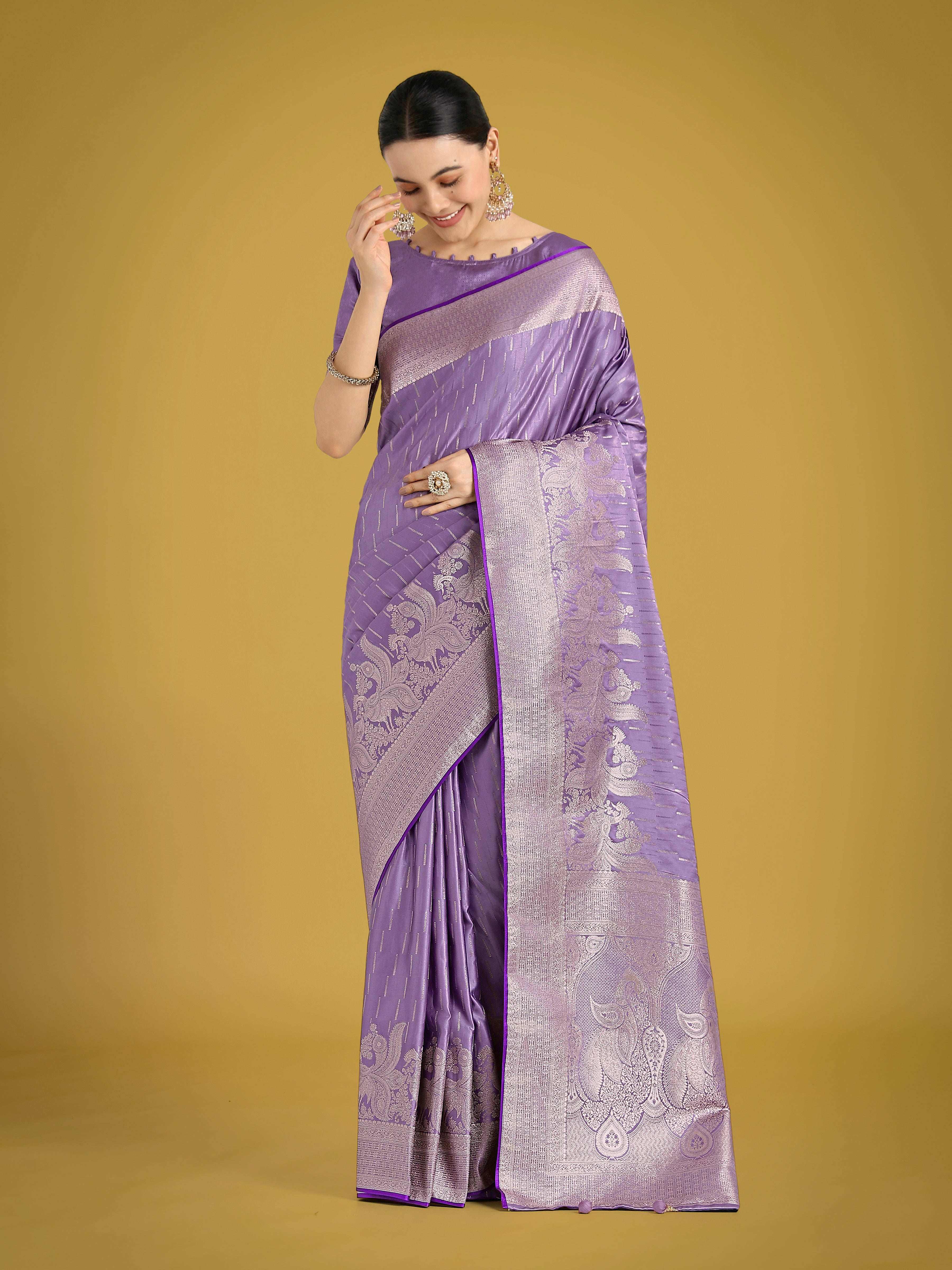 Monjolika Fashion Dusty Lavender Weaving Banarasi Satin Silk Trendy Saree For Festival - Distacart