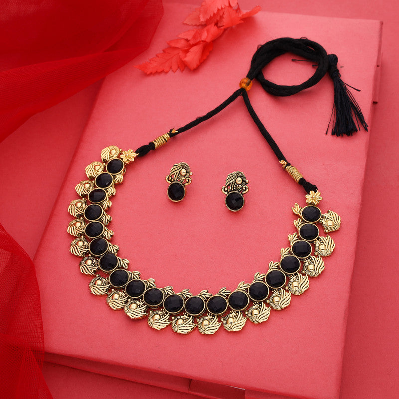 Tehzeeb Creations Black Colour Gold-Polished Stone Jewellery Choker Necklace Set With Matching Pair of Stud Earrings