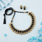Tehzeeb Creations Black Colour Gold-Polished Stone Jewellery Choker Necklace Set With Matching Pair of Stud Earrings