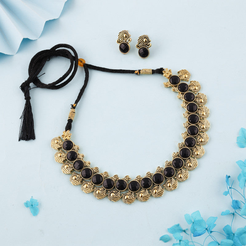 Tehzeeb Creations Black Colour Gold-Polished Stone Jewellery Choker Necklace Set With Matching Pair of Stud Earrings