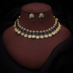 Tehzeeb Creations Black Colour Gold-Polished Stone Jewellery Choker Necklace Set With Matching Pair of Stud Earrings