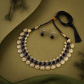 Tehzeeb Creations Black Colour Gold-Polished Stone Jewellery Choker Necklace Set With Matching Pair of Stud Earrings
