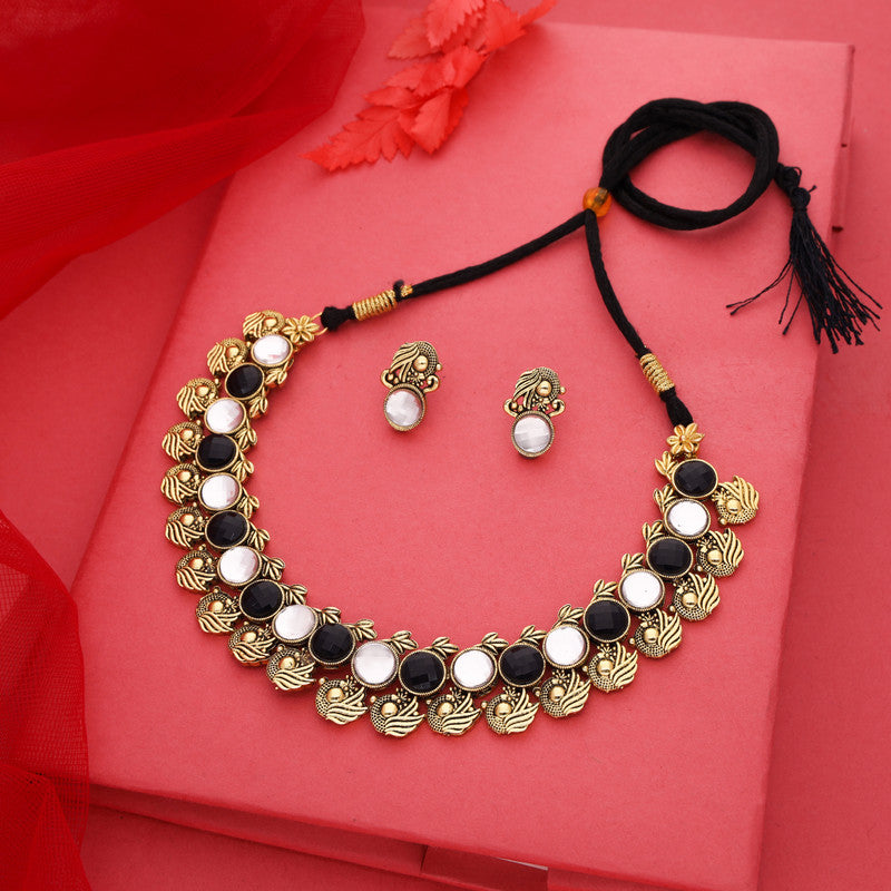 Tehzeeb Creations Black And White Colour Gold-Polished Stone Jewellery Choker Necklace Set With Matching Pair of Stud Earrings