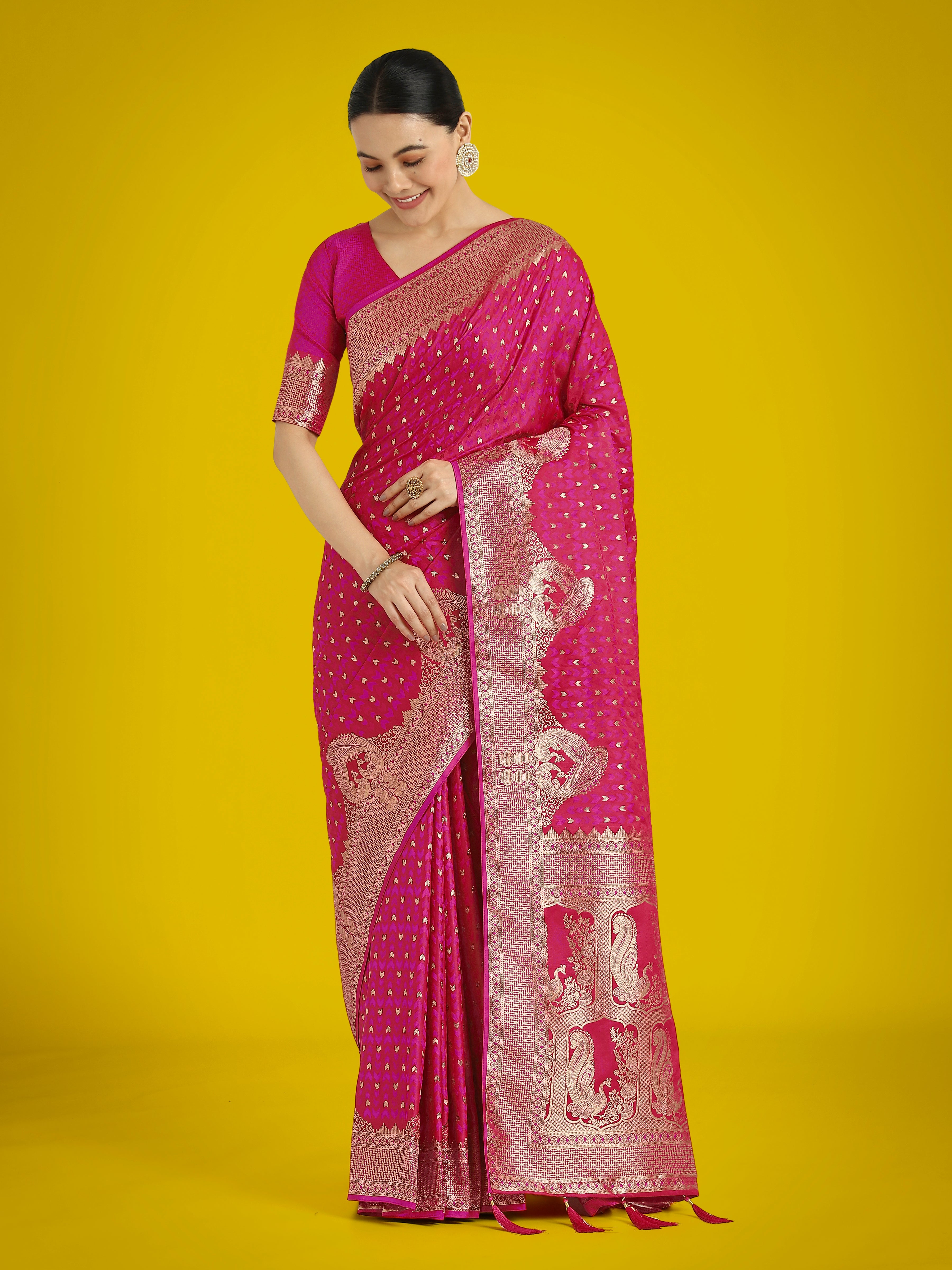 Monjolika Fashion Gorgeous Rani Pink Woven Banarasi Satin Designer Silk Saree - Distacart