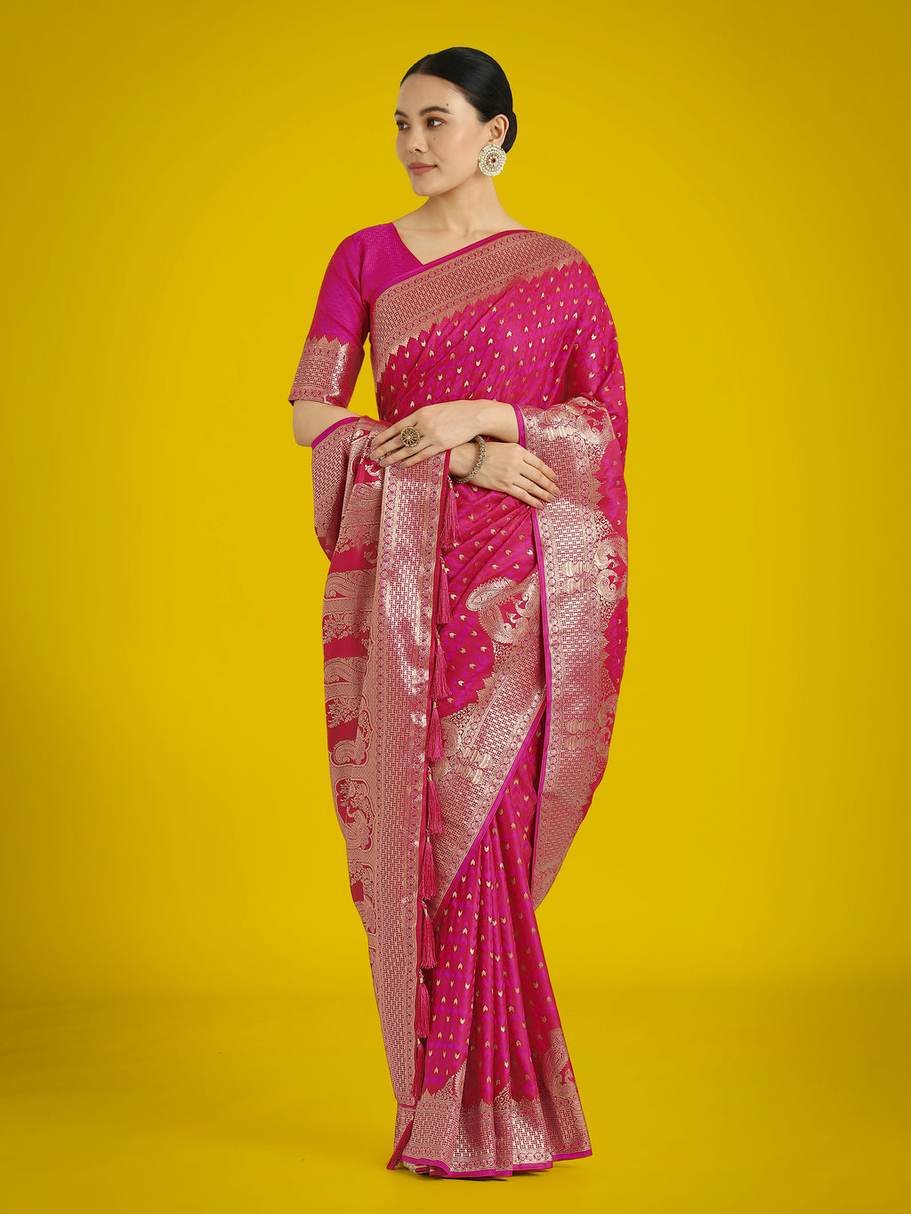 Monjolika Fashion Gorgeous Rani Pink Woven Banarasi Satin Designer Silk Saree - Distacart