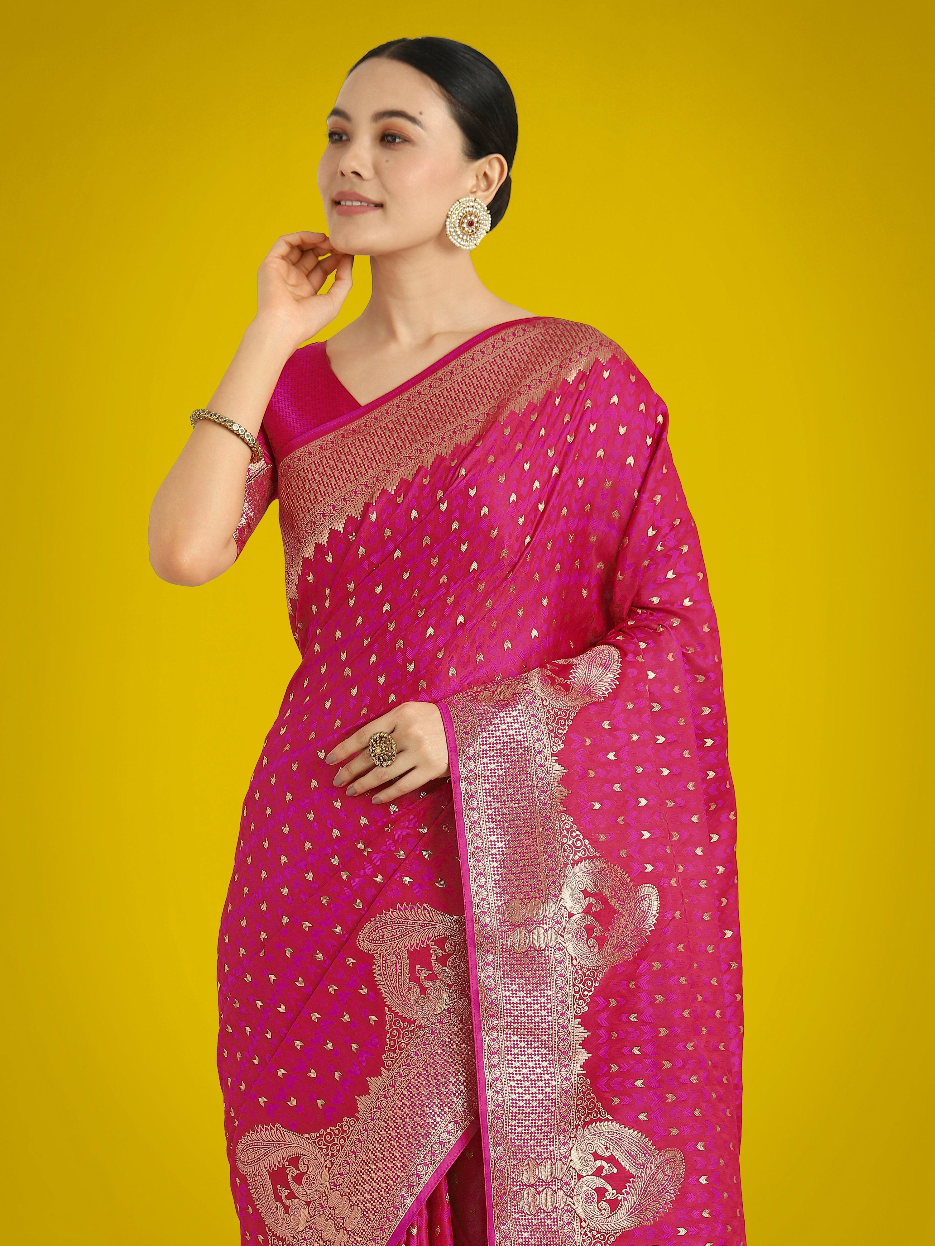 Monjolika Fashion Gorgeous Rani Pink Woven Banarasi Satin Designer Silk Saree - Distacart