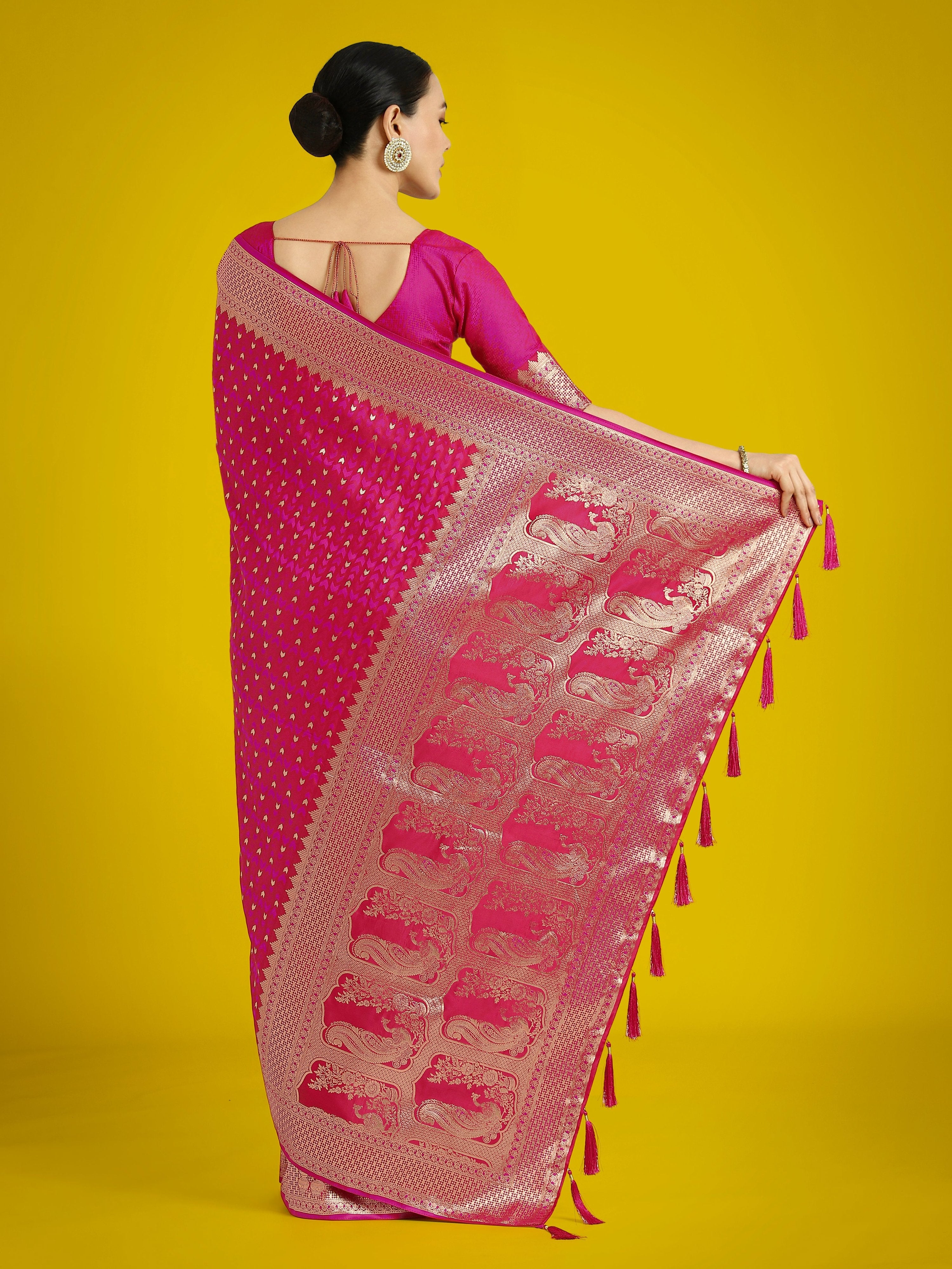 Monjolika Fashion Gorgeous Rani Pink Woven Banarasi Satin Designer Silk Saree - Distacart