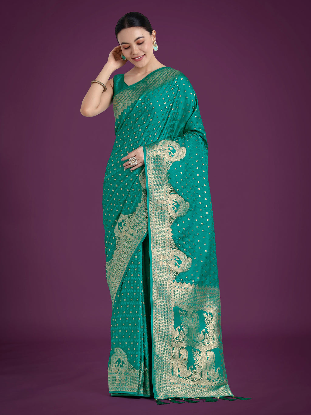 Monjolika Fashion Gorgeous Turquoise Woven Banarasi Satin Designer Silk Saree - Distacart