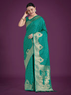 Monjolika Fashion Gorgeous Turquoise Woven Banarasi Satin Designer Silk Saree - Distacart
