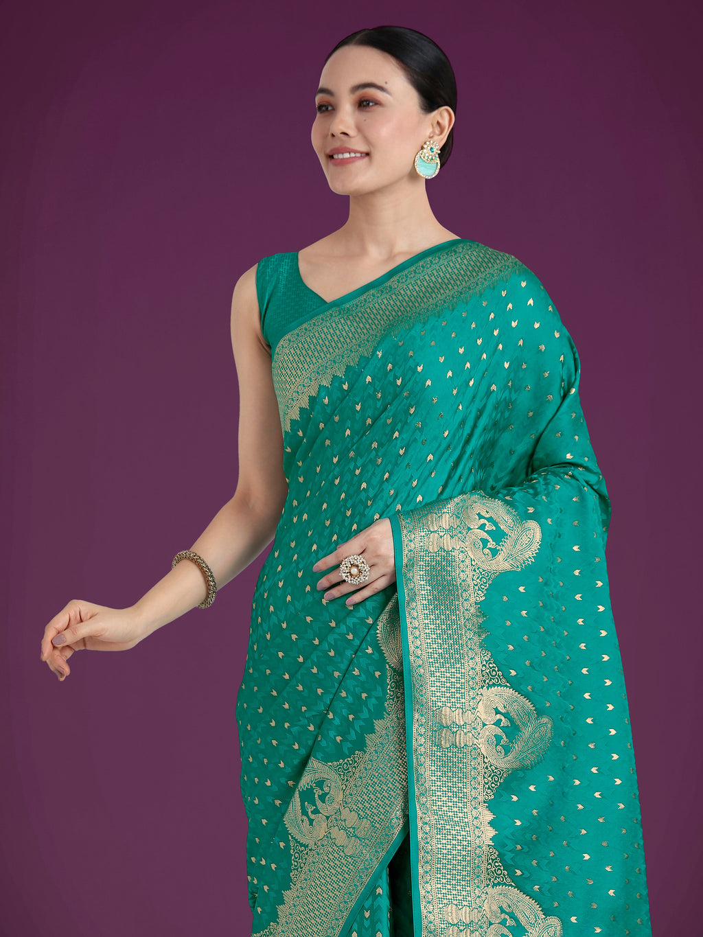 Monjolika Fashion Gorgeous Turquoise Woven Banarasi Satin Designer Silk Saree - Distacart
