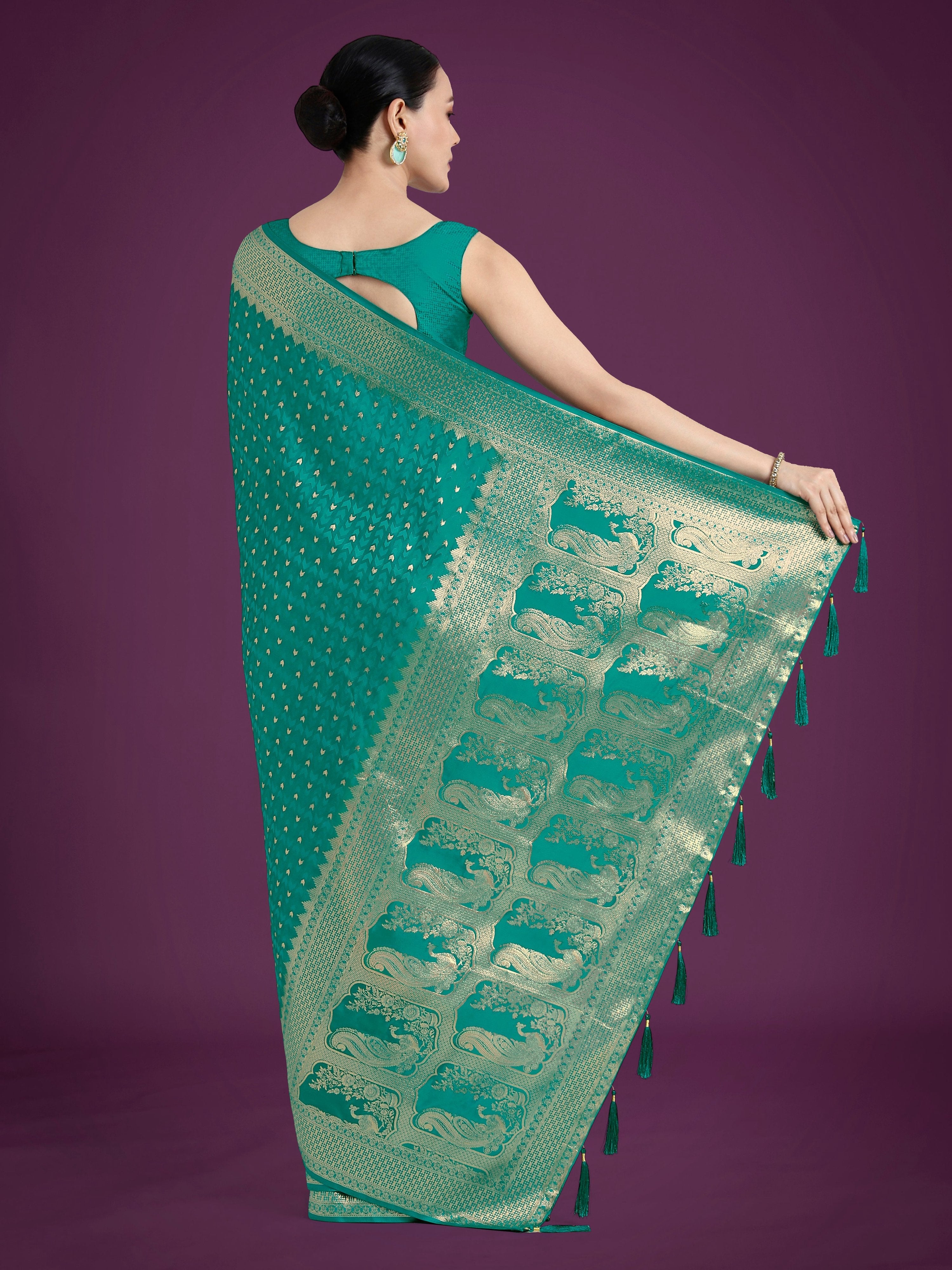 Monjolika Fashion Gorgeous Turquoise Woven Banarasi Satin Designer Silk Saree - Distacart