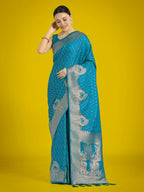 Monjolika Fashion Gorgeous Cyan blue Woven Banarasi Satin Designer Silk Saree - Distacart