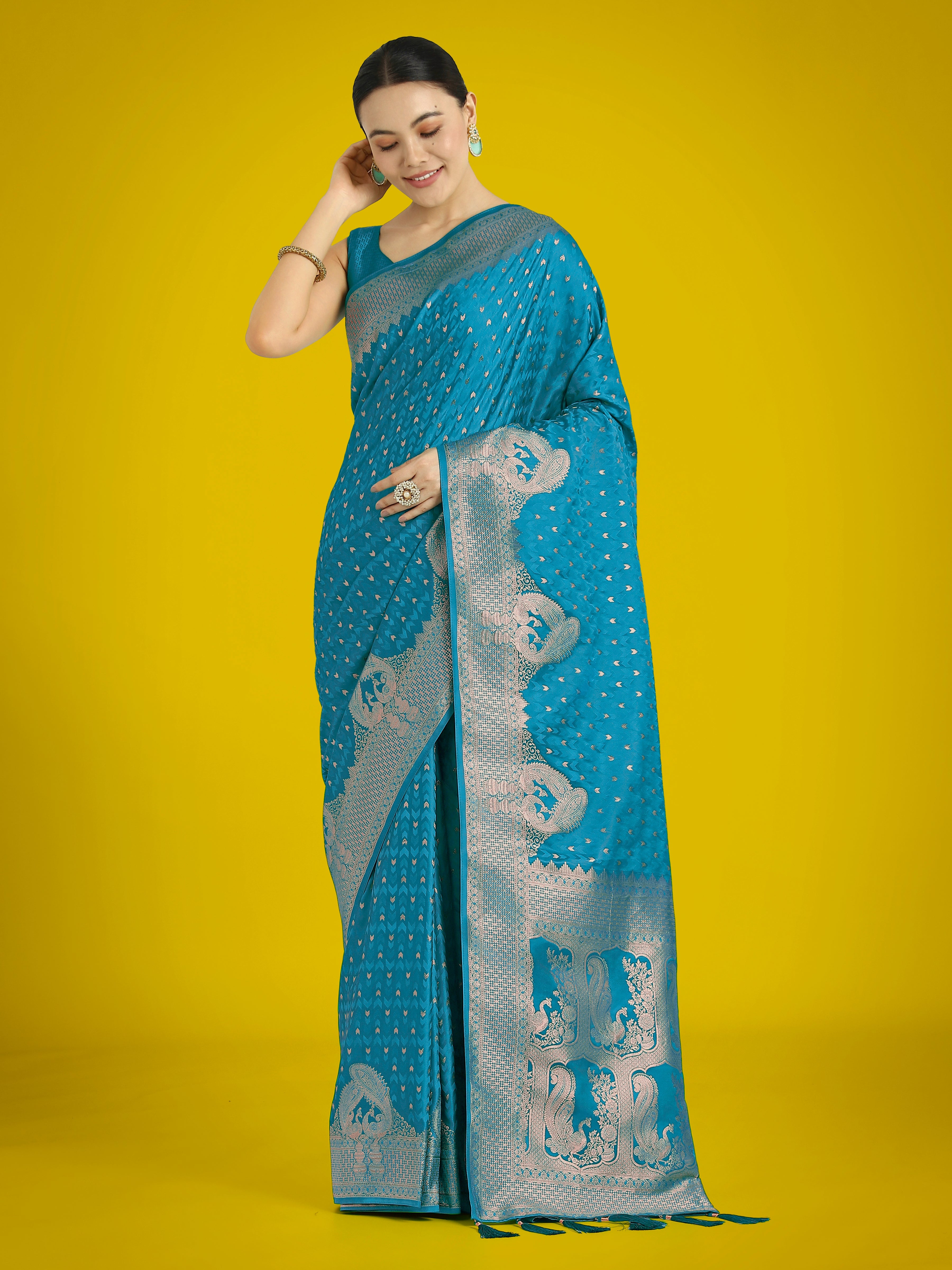 Monjolika Fashion Gorgeous Cyan blue Woven Banarasi Satin Designer Silk Saree - Distacart