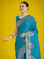 Monjolika Fashion Gorgeous Cyan blue Woven Banarasi Satin Designer Silk Saree - Distacart
