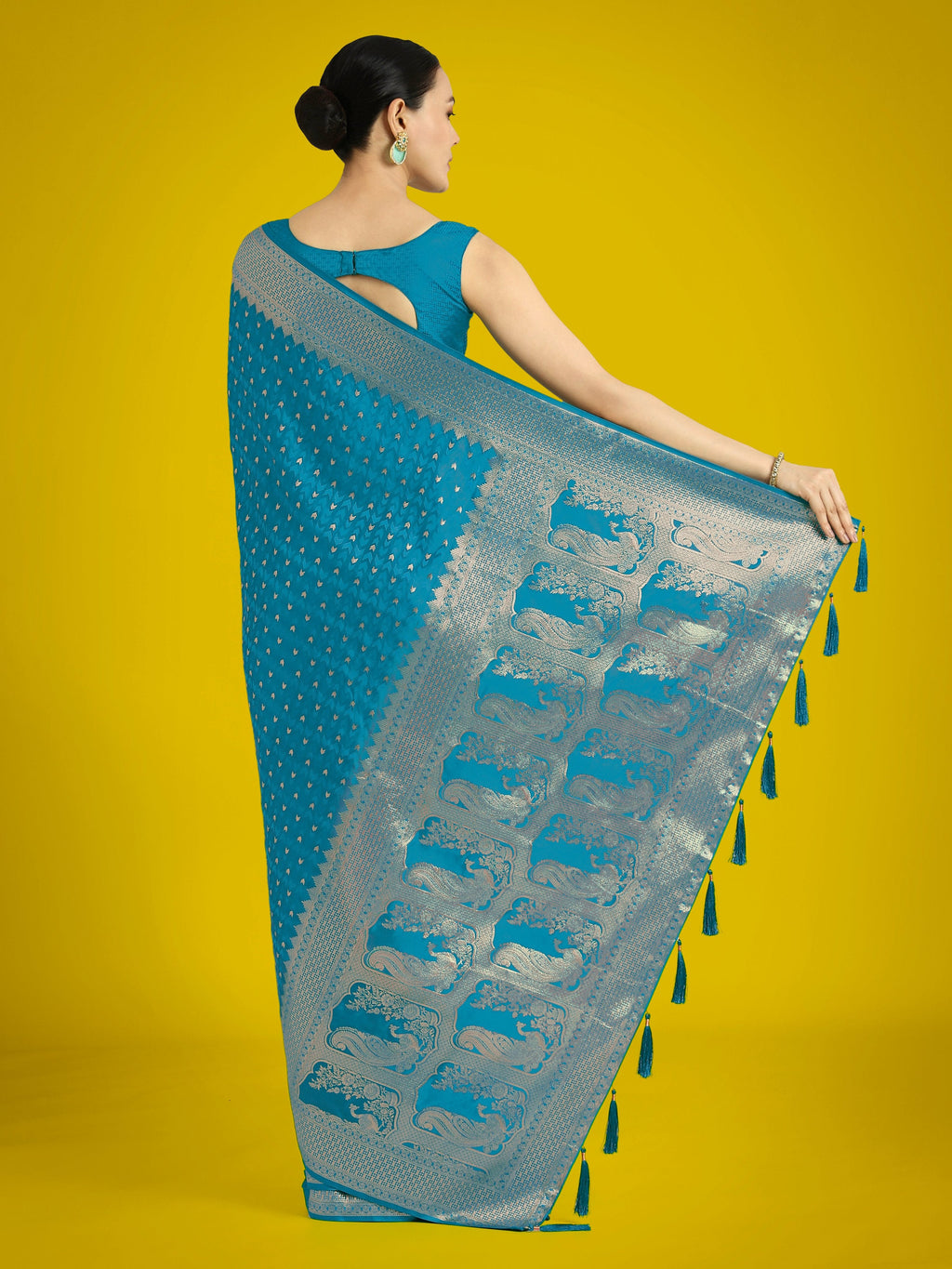 Monjolika Fashion Gorgeous Cyan blue Woven Banarasi Satin Designer Silk Saree - Distacart