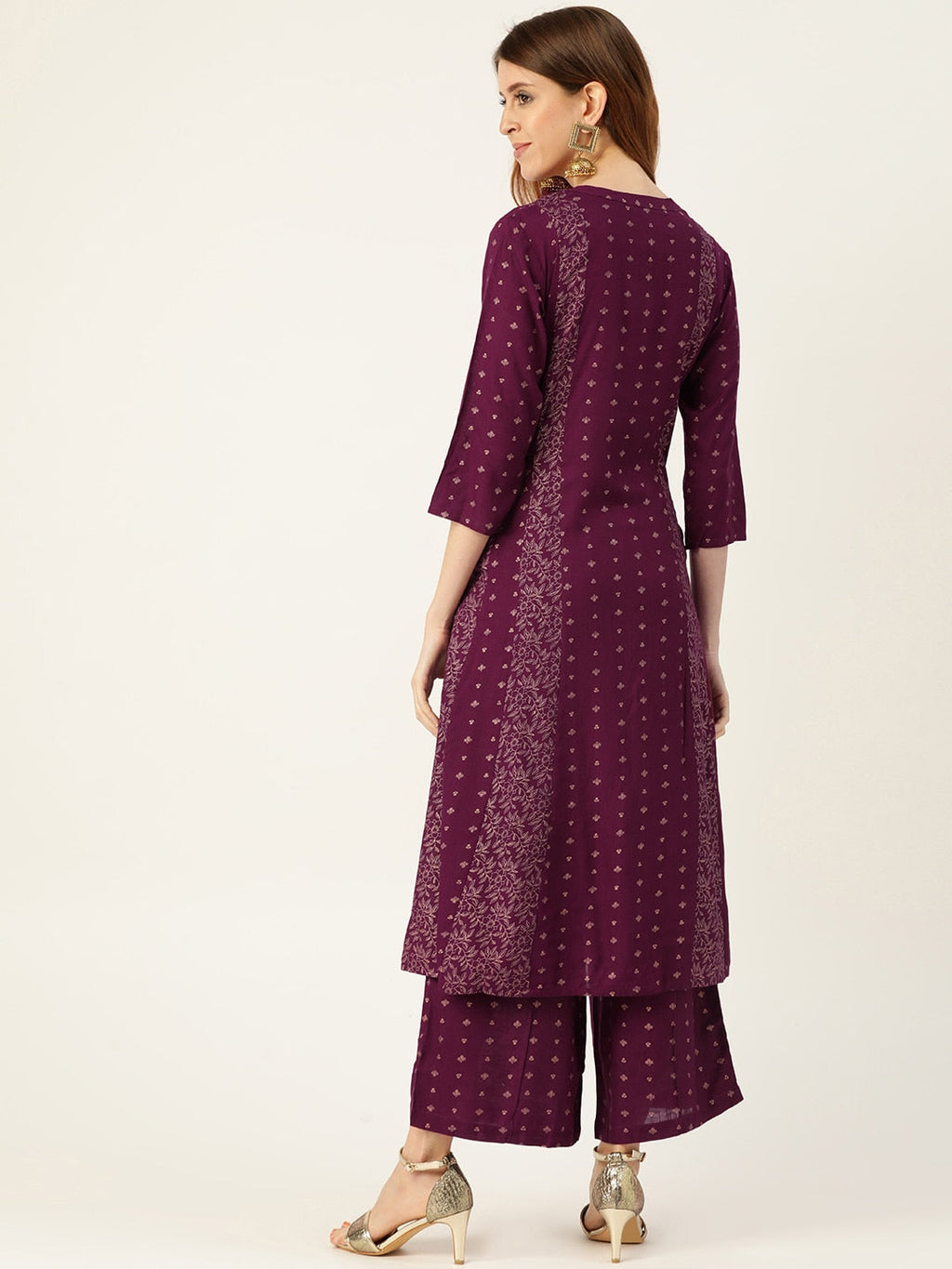 Sangria Women Wine-Coloured & Golden Khari Printed Kurta with Palazzos