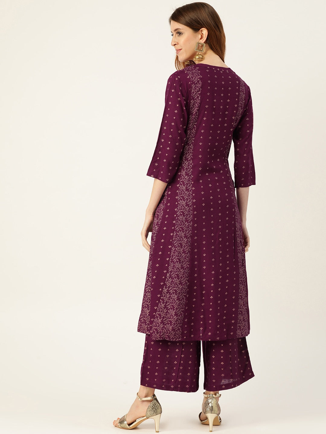 Sangria Women Wine-Coloured & Golden Khari Printed Kurta with Palazzos
