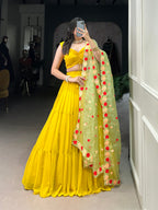 Lorenvalley Yellow Georgette Plain Lehenga Choli with Embroidery work Dupatta