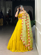 Lorenvalley Yellow Georgette Plain Lehenga Choli with Embroidery work Dupatta
