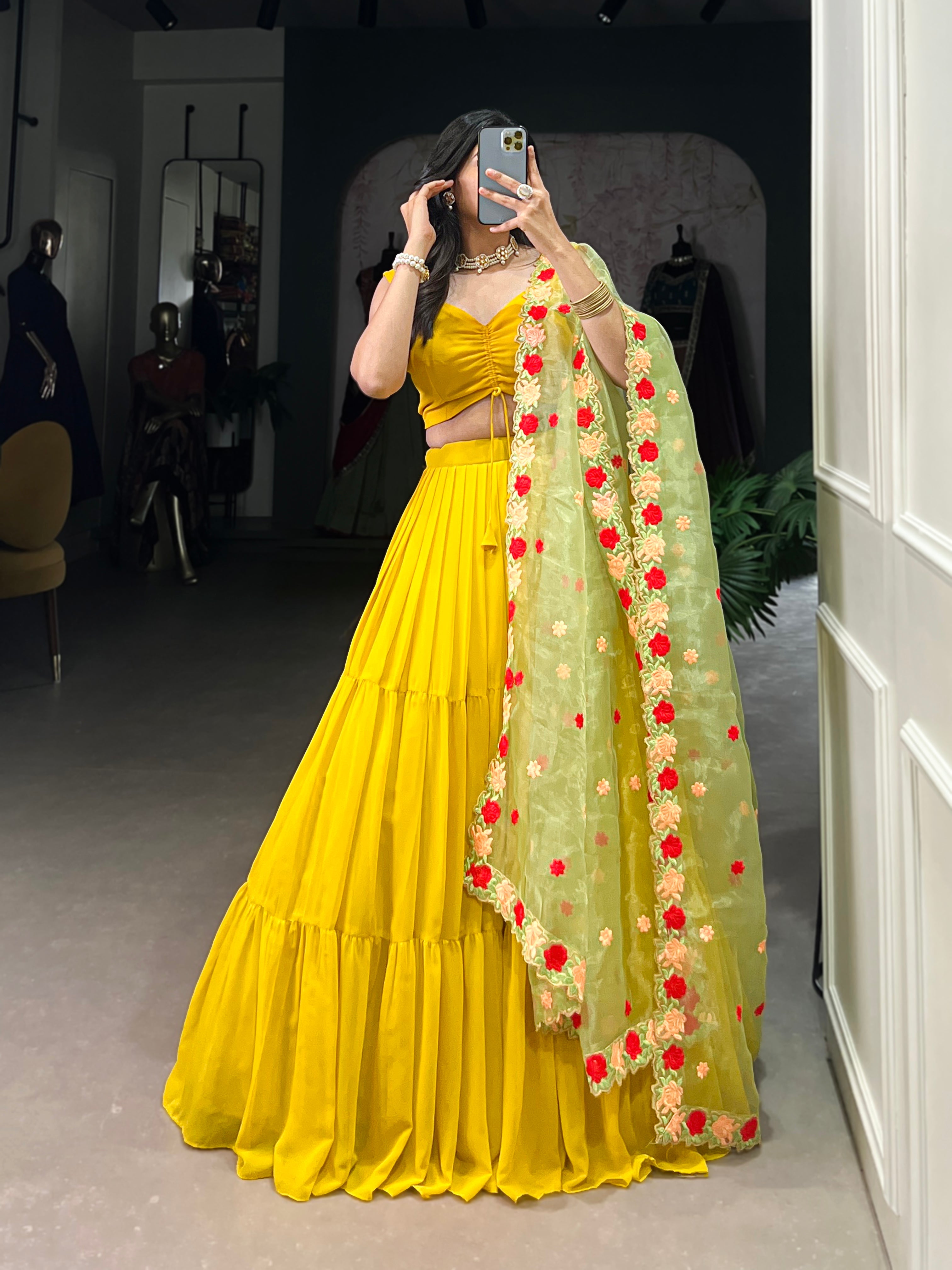 Lorenvalley Yellow Georgette Plain Lehenga Choli with Embroidery work Dupatta