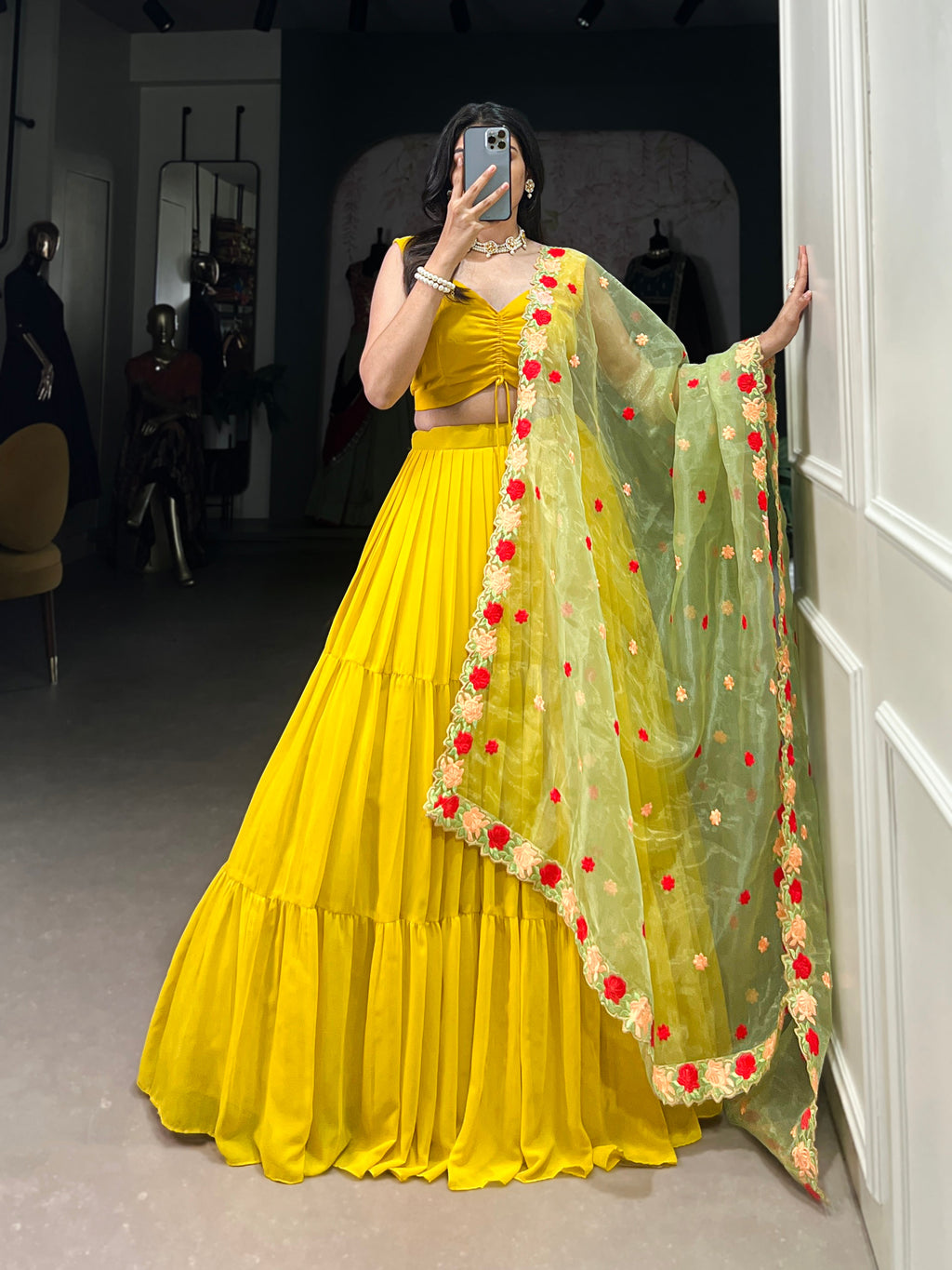 Lorenvalley Yellow Georgette Plain Lehenga Choli with Embroidery work Dupatta