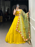 Lorenvalley Yellow Georgette Plain Lehenga Choli with Embroidery work Dupatta