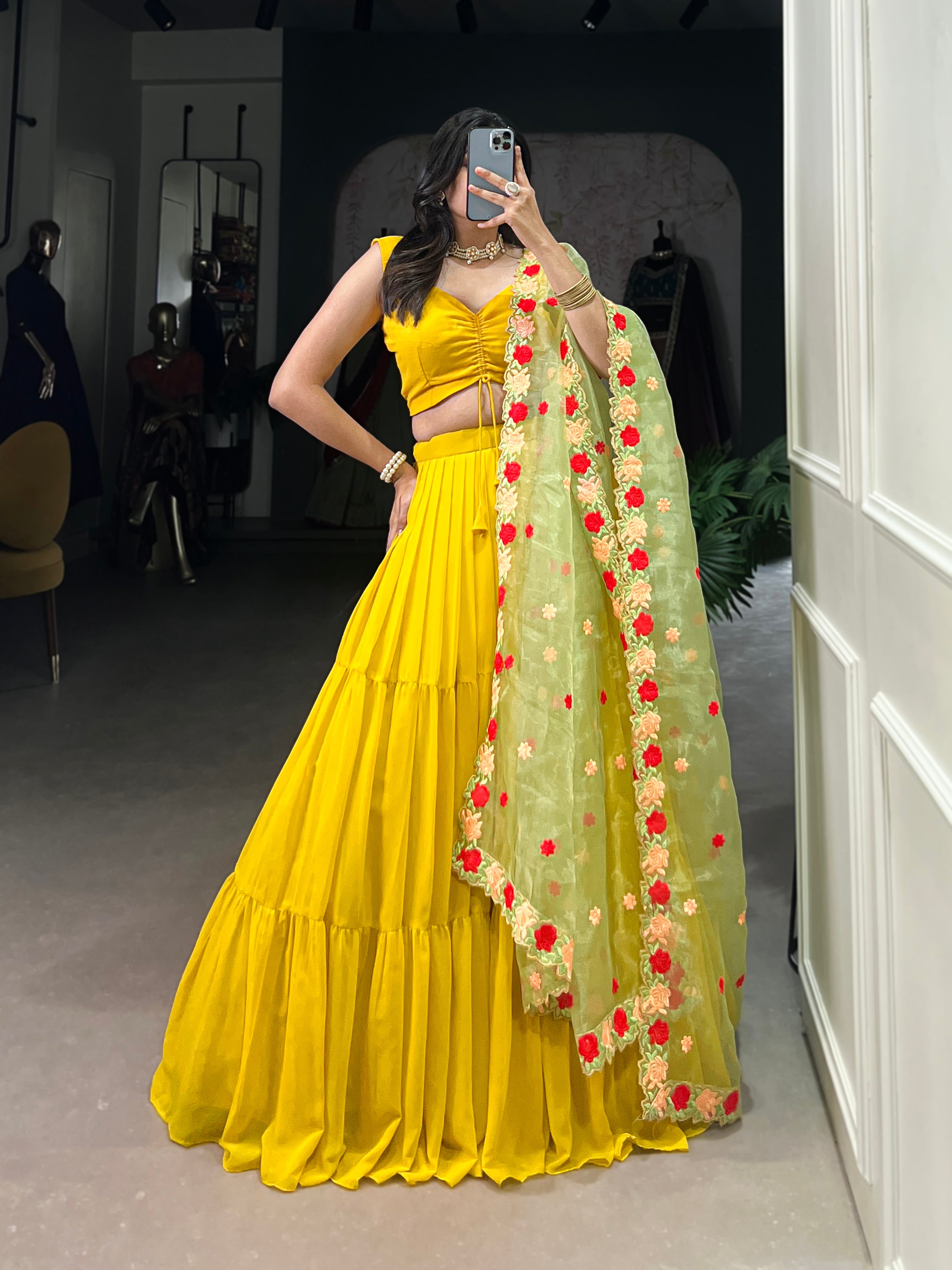 Lorenvalley Yellow Georgette Plain Lehenga Choli with Embroidery work Dupatta