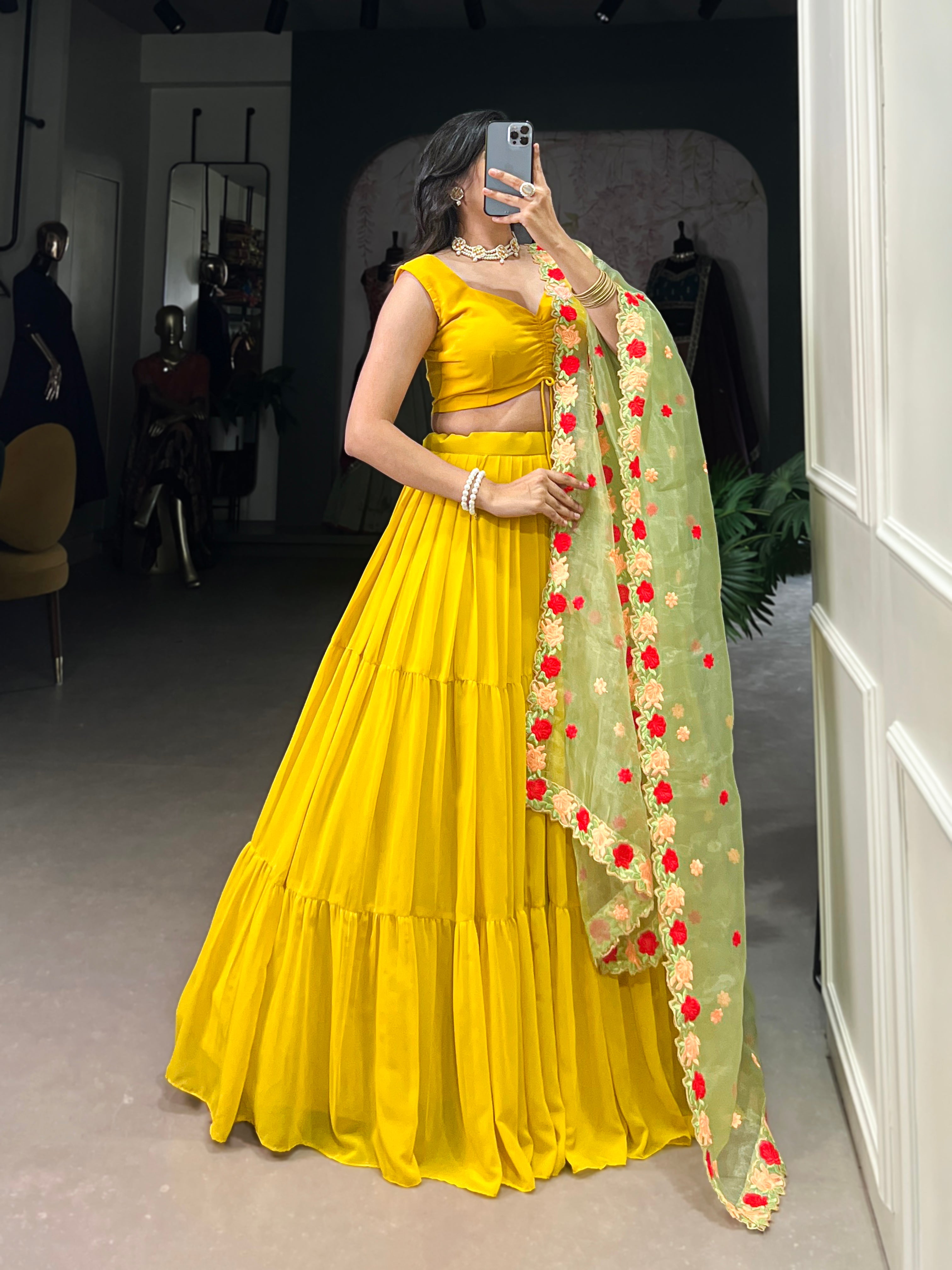Lorenvalley Yellow Georgette Plain Lehenga Choli with Embroidery work Dupatta