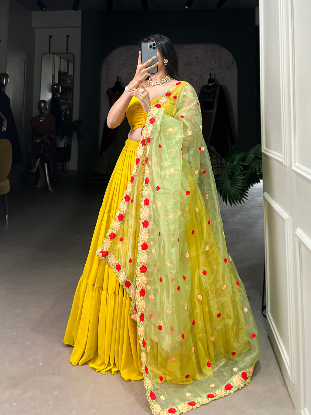 Lorenvalley Yellow Georgette Plain Lehenga Choli with Embroidery work Dupatta