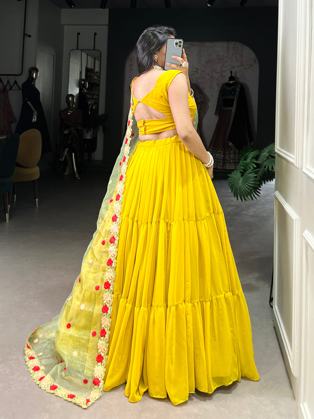 Lorenvalley Yellow Georgette Plain Lehenga Choli with Embroidery work Dupatta