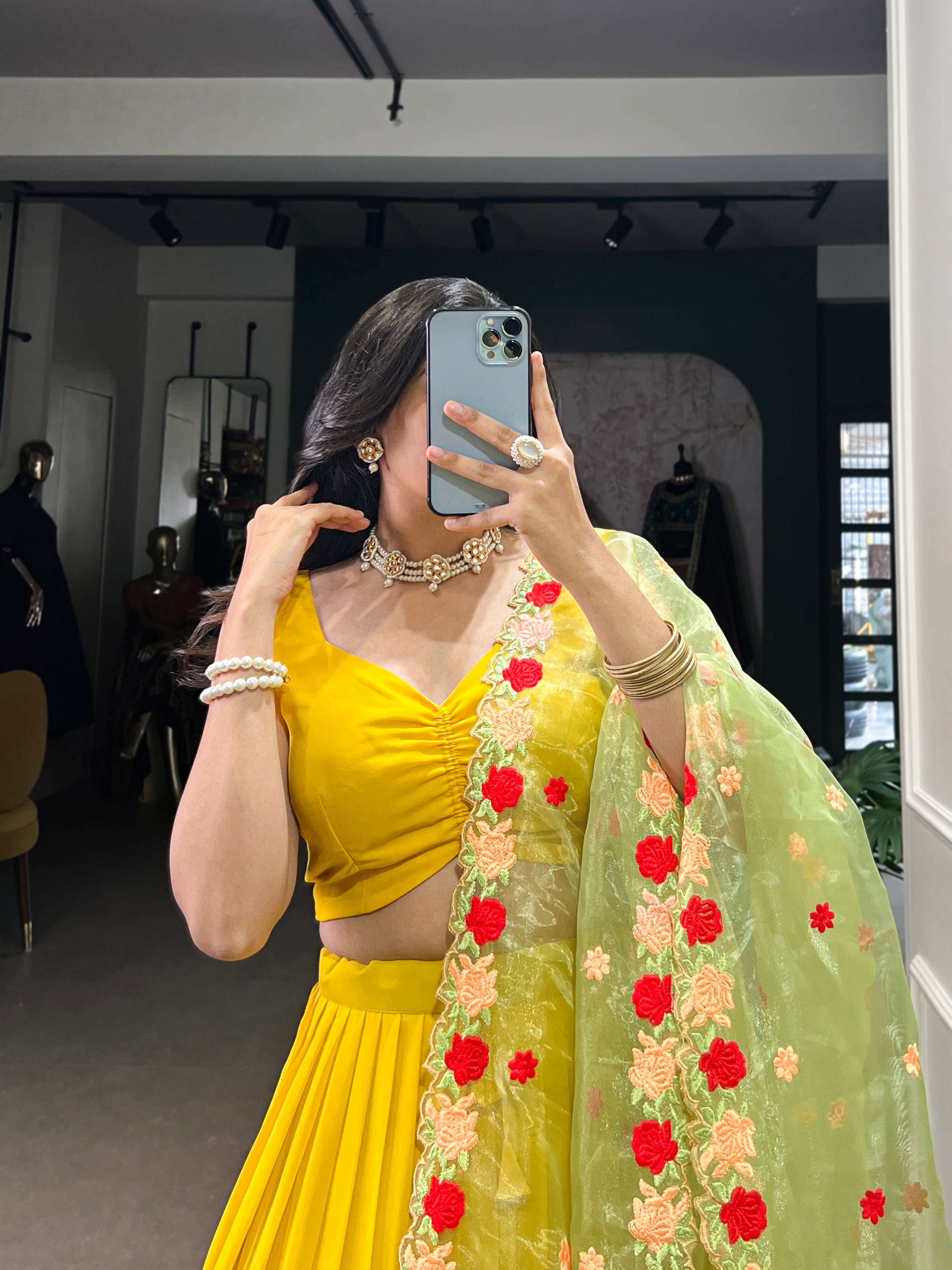 Lorenvalley Yellow Georgette Plain Lehenga Choli with Embroidery work Dupatta