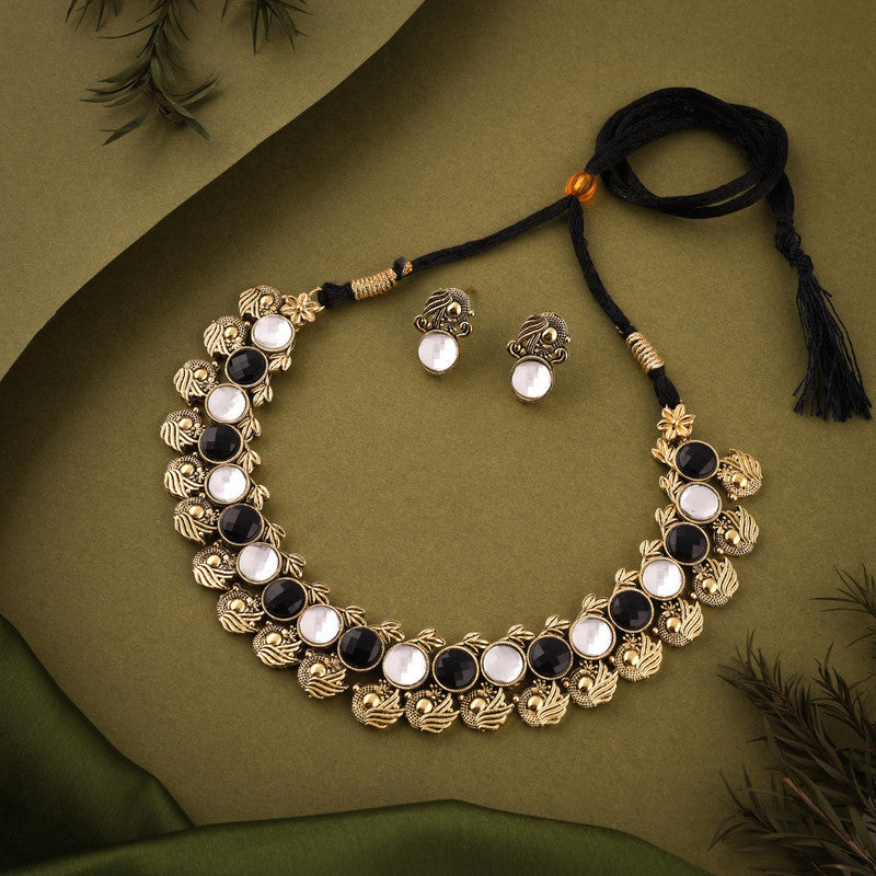 Tehzeeb Creations Black And White Colour Gold-Polished Stone Jewellery Choker Necklace Set With Matching Pair of Stud Earrings