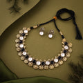 Tehzeeb Creations Black And White Colour Gold-Polished Stone Jewellery Choker Necklace Set With Matching Pair of Stud Earrings