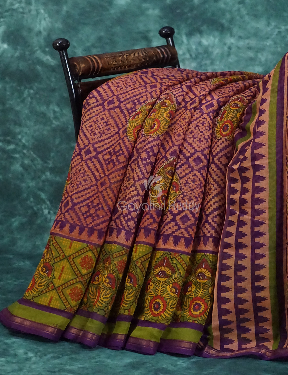 Light Orange And Purple Colour Printed Semi Chanderi Saree By Gayathri Reddy Designer Studio
